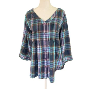 Vermont Country Store Damen L Plissee blau lila kariert Knopfleiste Flanell Top - Bild 1 von 11