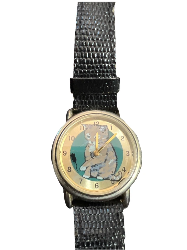 Vntg Grey Cat Watch  W/ Mouse as Second Hand, Genuine Black Leather Band - Image 1 of 1