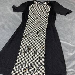 Merino wool Black Plaid Black And White Geometric Short Sleeve A Line Dress - Picture 1 of 10