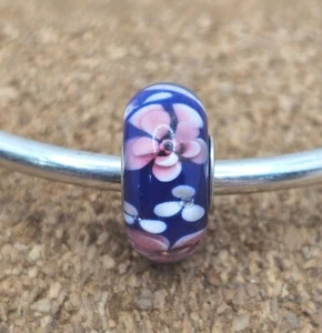 Authentic Blue & Pink Flowers Glass Murano European Charm Bead Sterling Silver - Picture 1 of 2