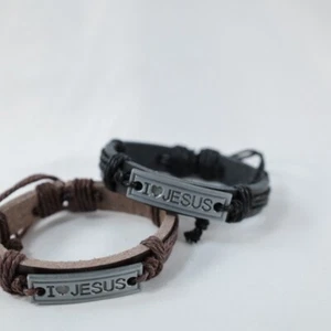 I Love Jesus Pulsera de cuero 2 Pack Ajustable Ajuste Cuerda de Dibujo 1 Tamaño 2 Br / Bk - Imagen 1 de 7
