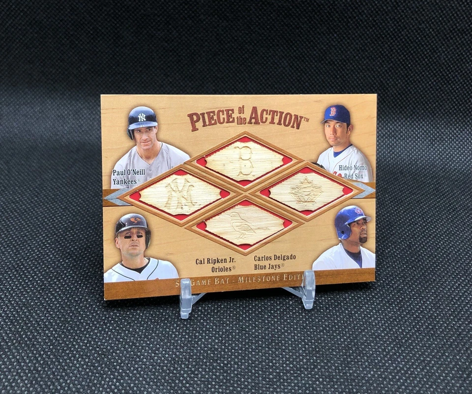 2001 SP GAME USED BAT QUAD PIECE OF THE ACTION O’NEILL, NOMO, RIPKEN JR, DELGADO - Image 1 of 4