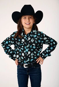 Roper Girls Jewel Print Black 100% Rayon L/S Shirt - Picture 1 of 4