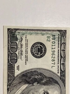 OFFSET TRANSFER ERROR $100 1996 AU Federal Reserve Note AB01196287L， Top Rare！！！ - Picture 1 of 3