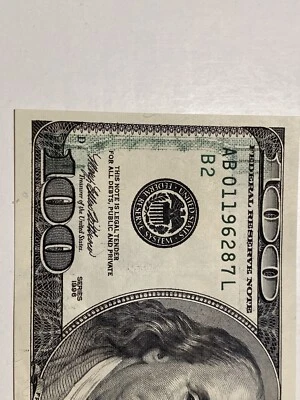 OFFSET TRANSFER ERROR $100 1996 AU Federal Reserve Note AB01196287L， Top Rare！！！ - Image 1 of 3