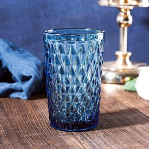 Blue Drinking Glass Set of 6 - Tumbler（12 Oz） Kitchen Glasses Diamond Glassware， - Picture 1 of 9
