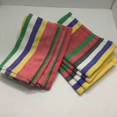 4 Placemats W/ Matching Napkin Red, Green, Yellow, Blue, Black, White Stripped  - Image 1 of 4