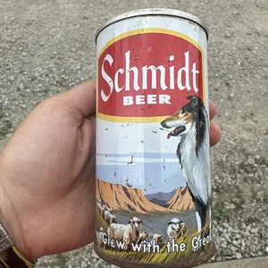 Schmidt beer can, steel pop tab top, 12 oz, sheep herding dog image - Picture 1 of 5