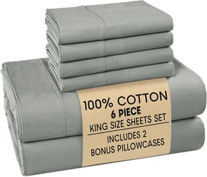 100% Baumwolle Bettwäsche King Size Set - 6 Stück (1 flach, 1 Spannbett, 4 Kissenbezüge) -  - Bild 1 von 7