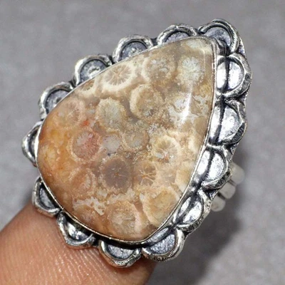 925 Silver Plated Fossil Coral Ethnic Ring Handmade Gemstone Size US 8 GW - Image 1 of 3