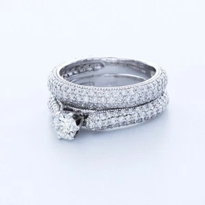 2.95CTW LAB DIAMONDS I/SI2 ROUND CUT 14K GOLD PRONG MILGRAIN SIDE-STONE RING SET - Picture 1 of 3