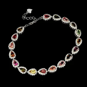 Bracciale Argento Sterling 925 Pera Tormalina 5x3mm Gemma Gioielli 7,5inches - Foto 1 di 14