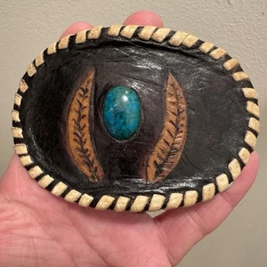 Vintage Native Turquoise Stone+Tooled Leather Leaves Belt Buckle Men - Picture 1 of 5