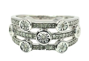 Anillo de tres filas de diamantes blancos naturales talla 7 en platino sobre plata de ley - Imagen 1 de 13