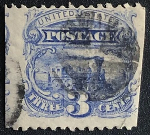 US 1869 Gril #114 Error Stamp Miscut EFO 3c Train Locomotive Fancy Cancel Used - Bild 1 von 3