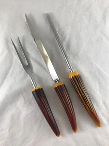 Forgecraft USA Stainless Knife, Fork & Sharpener Set Bakelite Faux Wood Handles - Picture 1 of 3