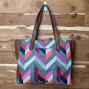 Fossil Emma Tote Purse Chevron Pattern Coated Canvas Zip Top Shoulder Bag