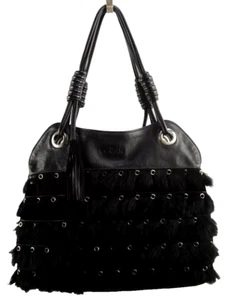 HOGAN ITALY BLACK LEATHER SUEDE FUR GROMMET SHOULDER TOTE PURSE HANDBAG - Picture 1 of 10