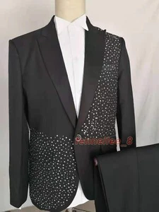 2PC Suit Mens Dress Blazer Pants Slim Fit One Button Rhinestone Formal Fashion - Picture 1 of 26