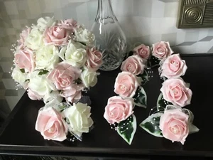 WEDDING FLOWERS BRIDES IVORY/PINK/PEARL FOAM ROSE BRIDAL BOUQUET+9 x BUTTONHOLES - Picture 1 of 12