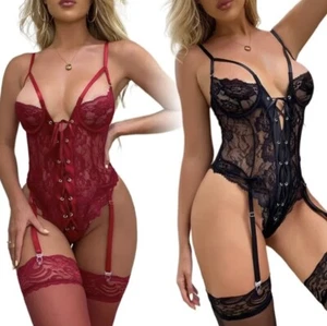 Lingerie Body Garters One-Piece Ladies Lace Up Nightwear Sexy Transparent Set - Picture 1 of 42