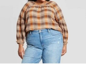 Women's Universal Thread Dressy Long Sleeve Crewneck Popover Top- Brown Plaid 3X - Picture 1 of 8
