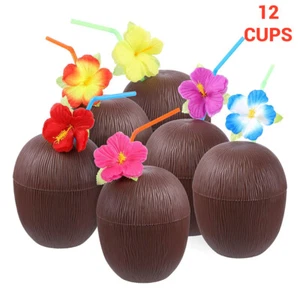 12Pcs Coconut Cups With Hibiscus Flower Straws For Hawaiian Luau Kids Party BGS - Picture 1 of 7