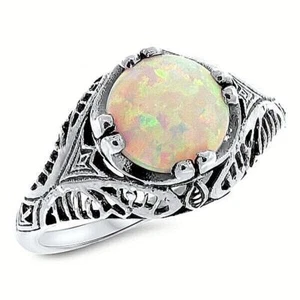 VINTAGE STYLE 925 STERLING SILVER LAB-CREATED WHITE OPAL FILIGREE RING #800 - Picture 1 of 6