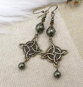 Bronze Celtic Knot Earrings, Dark Green Pearl Medieval Jewelry, Ren Faire Style - Picture 1 of 10