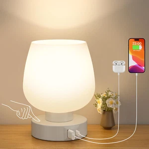 Lampada Da Comodino, Lampada Da Tavolo Touch Dimmerabile in Vetro Bianco Con Por - Foto 1 di 11