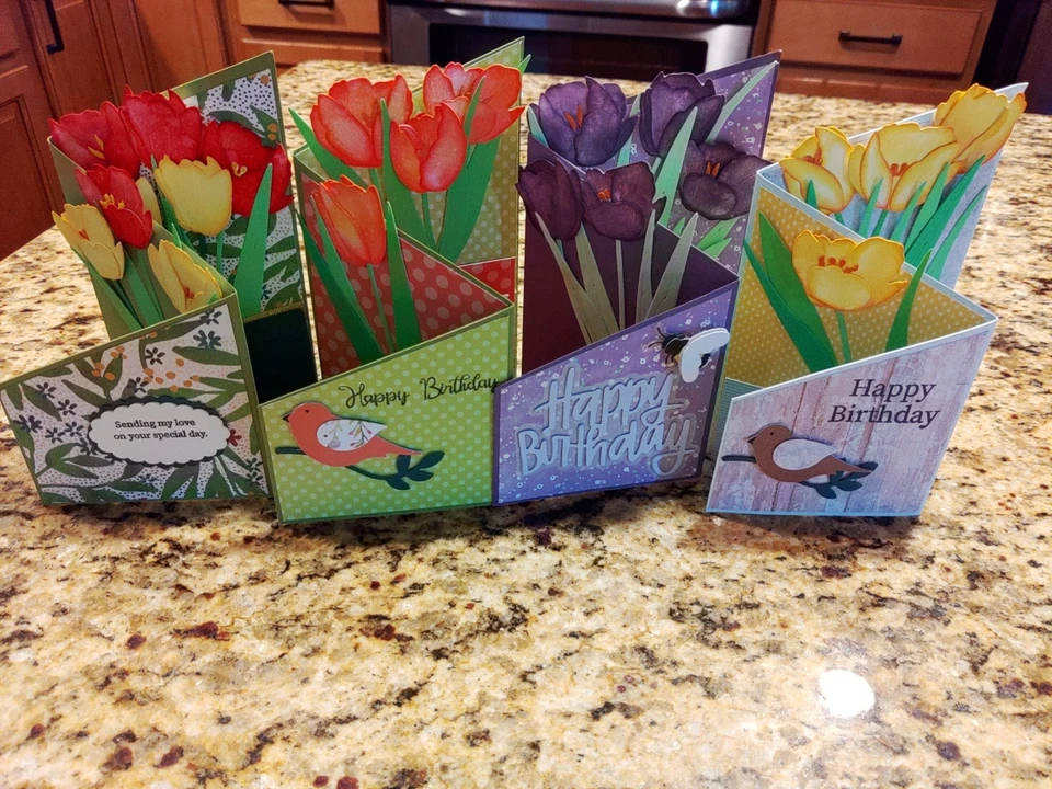 Greeting Cards. HANDMADE SET HAPPY BIRTHDAY TULIP BOUQUET. 3.5" X 6.25" each. - Image 1 of 4