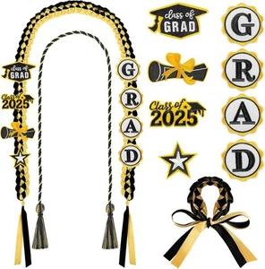 Graduation Leis 2025, Ribbon Lei with Honor Cord & Black and Gold - Picture 1 of 7