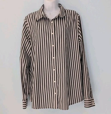 Lands End No Iron Button Up Top Women's 16 Tall Black White Stripe Cotton Blouse - Image 1 of 4