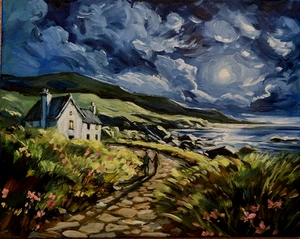 Impressionist Contemporary Moonlight Walk Ireland signed oil painting on canvas - Picture 1 of 6