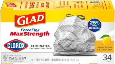 Glad 274824 13 gal Lemon Fresh Bleach Scent Odor Shield Trashbag - 34 Count
