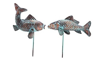 Set of 2 Garden Koi Fish Statue Sculpture Antique Copper Fish Outdoor Décor - Picture 1 of 8