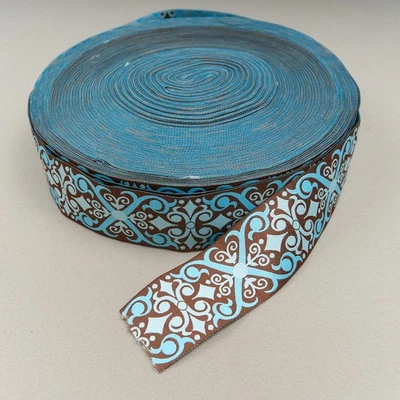Jacquard Ribbon Trim Brown Blue Celtic Pattern 1.9" Spool 43 Yards New - Image 1 of 4