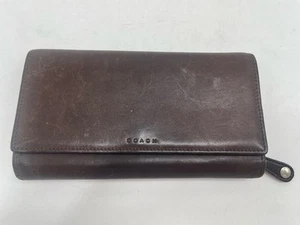 Coach Brown Leather Tri-Fold w/ Side Zipper Compartment Large Check Book Wallet - Picture 1 of 24