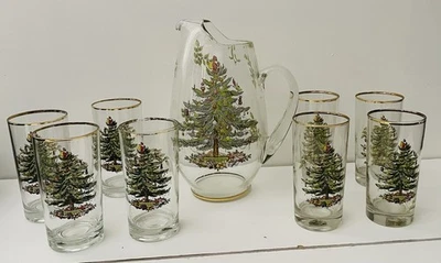 Spode Christmas Tree Glasses Set Of 8 & Tumblers and 2 1/2 Quart Glass Pitcher - Image 1 of 4