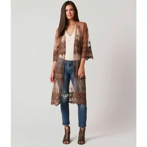Cardigan aperto floreale bohemien ricamato maglia pizzo viola marrone malva Daytrip M - Foto 1 di 11