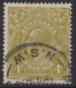 AUSTRALIA 1928 4d YELLOW - OLIVE KGV STAMP VFU PERF. 14 SMW SG.91 - Picture 1 of 3