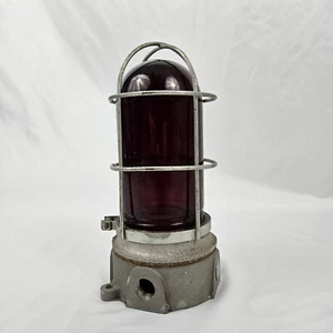 Caged Steel Red Glass Light Fixture Nautical Maritime Passageway Industrial - Picture 1 of 8