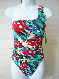 La Blanca Tropical Plumes One Shoulder Ruched One Piece Swimsuit Size 4 NWT - Picture 1 of 3