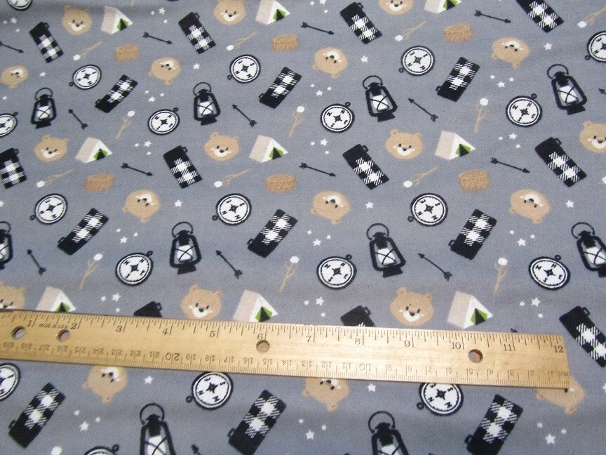 2 Yards Gray Camelot Fabrics Bear/Camping Flannel Fabric - Image 1 of 1
