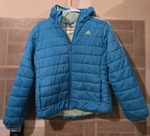 Adidas Puffer Jacket Girls Youth Large Blue Hooded Full Zip Worn Once Excellent - Picture 1 of 2