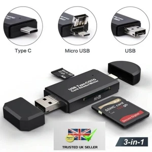 USB SD Micro USB Type C OTG 3 in1 Card Reader/Writer 2.0 Phones Laptop Tablets - Picture 1 of 10