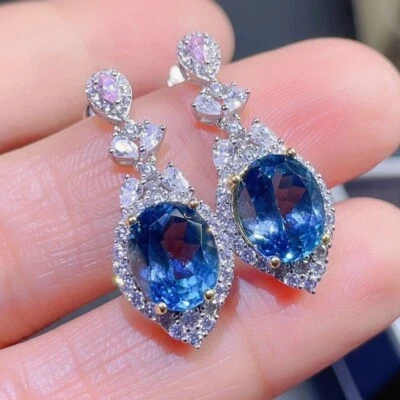 New Women Oval Blue Topaz Mix Color Gems Silver Dangle Hook Drop Earrings 1 Pair - Image 1 of 4