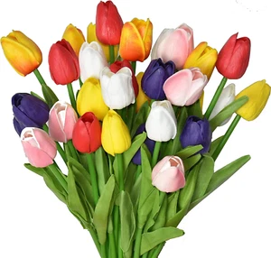 24Pcs Multicolor Artificial Tulips Flowers Fake Faux PU Tulip Bouquet Real Touch - Picture 1 of 12