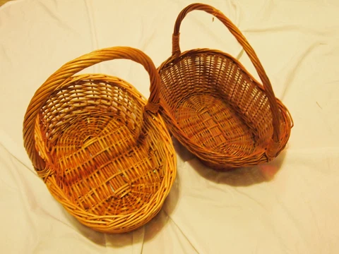 2pc Brown Vintage Wicker Woven Gathering Basket Oval Shaped With Handle Lot Cover