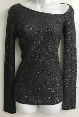 Top Donna Karan Gris/Azul Marino Cachemira/Seda Lentejuelas Pequeñas Manga Larga Elastizado Talla XS Foto 1 de 4